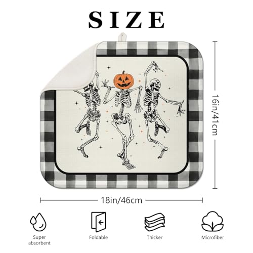 Halloween Skeleton Dish Drying Mat for Kitchen Counter, 16x18 Inches, Black & White Buffalo Plaid