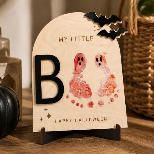 First Halloween Footprint Keepsake Sign - Baby Boo Wooden Decor - Wood Brown