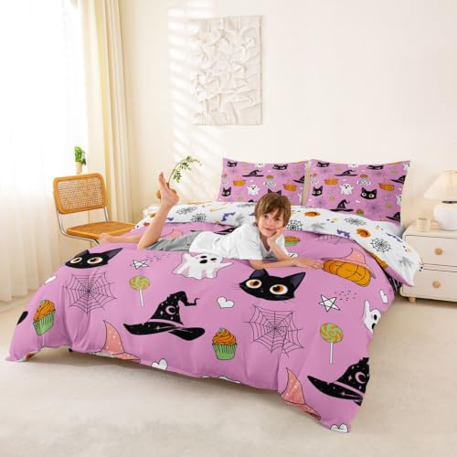 Multi 10 Pink Duvet Cover Set with Witch Hat & Spider Web Halloween Design - Full Size, No Comforter