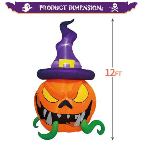 12FT Halloween Inflatable Pumpkins with Witch's Hat & Vines - Outdoor Yard Decor