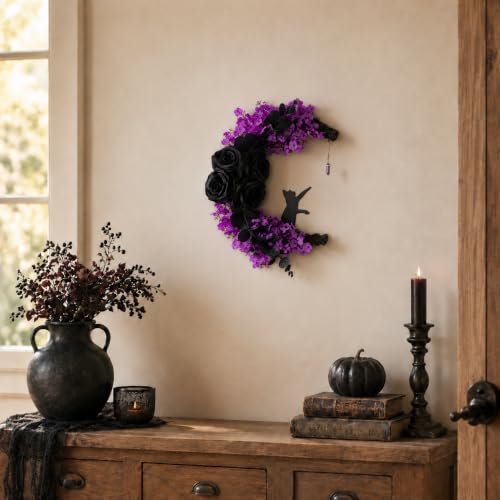 Halloween Moon Wreath 15 Inch Gothic Black Cat Decor with Faux Roses & Purple Flowers