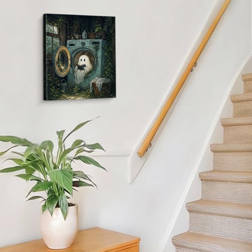 Halloween Ghost in Washing Machine Canvas Wall Art - Laundry Variation