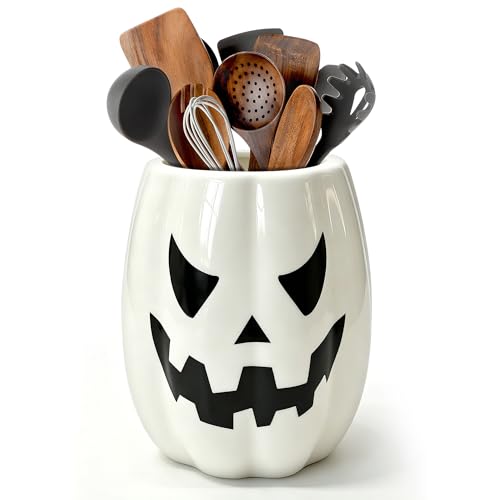 Halloween Pumpkin Ceramic Utensil Holder - Kitchen Decor & Organizer - Variation of Halloween Pumpkin