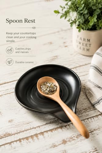 Ceramic Spoon Rest for Stove Top - Large Kitchen Utensil Holder - Black Variation 1