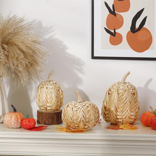 3pcs Fall Pumpkin Decor Set - Woven Rattan Artificial Pumpkins for Thanksgiving & Halloween