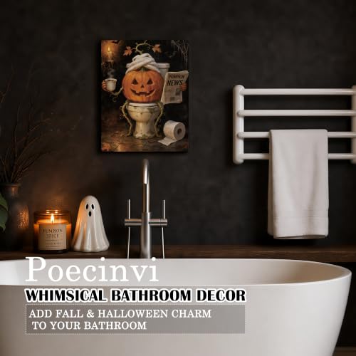 Halloween Pumpkin Bathroom Canvas Wall Art Framed 15x12 Inch - Poecinvi