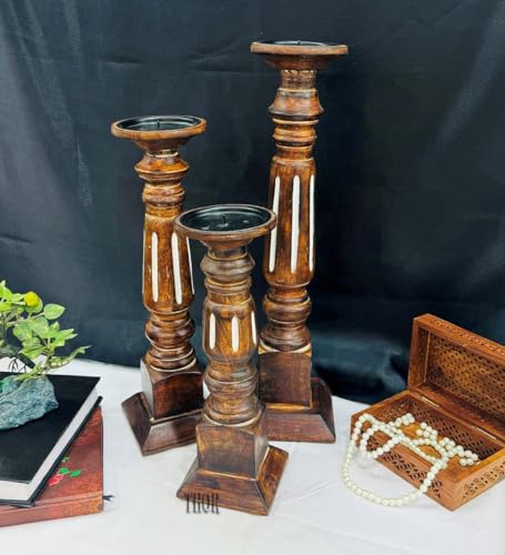 Set of 3 Rustic Mango Wood Candle Holders for Pillar Candles - Farmhouse Home Decor