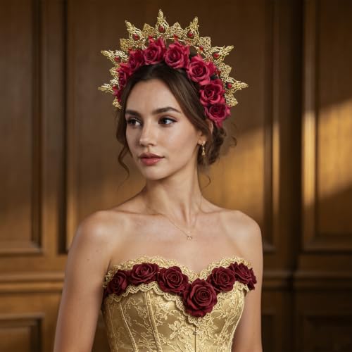 Red Halloween Flower Crown Headpiece for Catrina Costume Gothic Decor