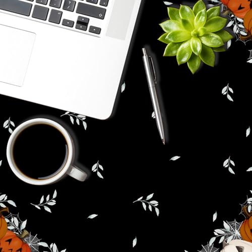 Halloween Round Tablecloth 70 Inch Black and Orange Spooky Pumpkin & Web Design Waterproof Fabric