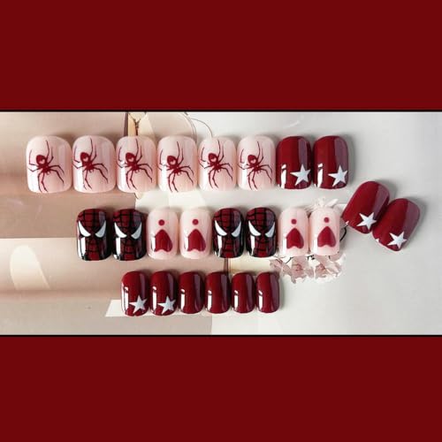 Halloween Short Red Press On Nails with Spider Design - Reusable Acrylic Fake Nails Style25