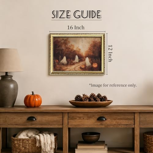 Autumn Ghost Framed Wall Art - 16x12in Halloween Pumpkin Canvas Print, Fall Farmhouse Decor