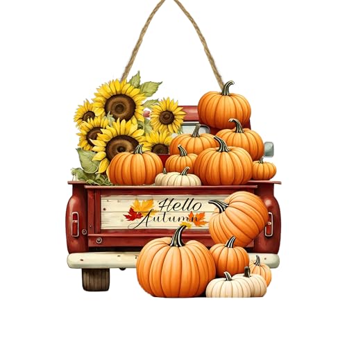 Hello Autumn Harvest Car Welcome Sign - Fall Porch Door Wooden Decor with Pumpkins - Seasonal Farmhouse Style - Variation: Hello Autumn3
