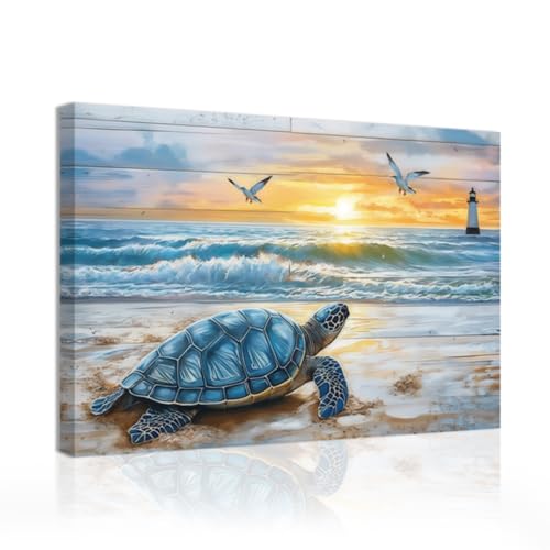 Sea Turtle Wall Art Canvas Painting - Beach Ocean Lighthouse Coastal Decor, Blue, 12x18 inches