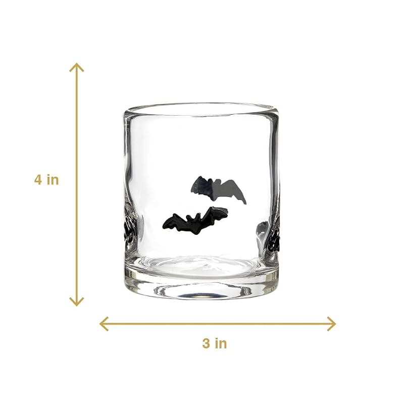 Halloween Bat Icon Double Old Fashioned Cocktail Glass - 16oz, Handblown, Spooky Party Drinkware - Bats Variation
