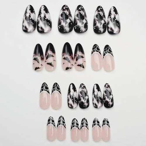 Halloween Press-On Nails Short Almond Fake Nails with Spider Web Bat Design - Style03