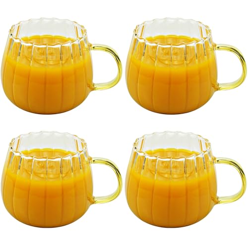 Halloween Pumpkin Glass Coffee Mugs Set of 4 - 14oz with Yellow Handle