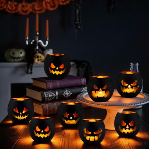 Aobray Halloween Votive Candle Holders - Jack O Lantern Tealight Set - Spooky Pumpkin Design