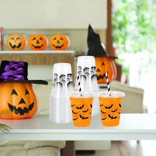 Halloween Plastic Cups with Lids & Straws - Black Bat Design, 12Oz, 50 Pack