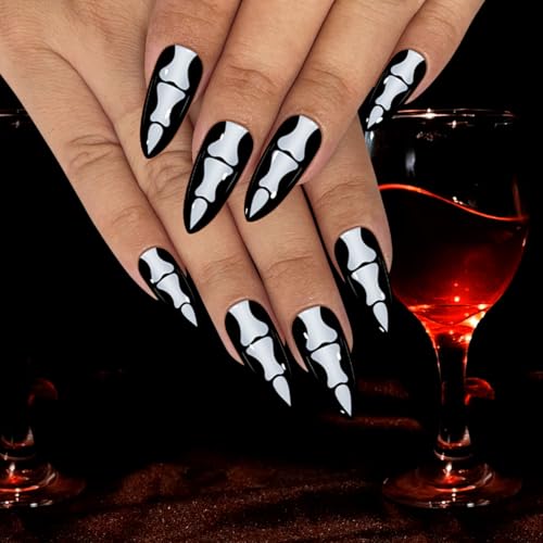 Halloween Press On Nails Kit Medium Stiletto Skeleton Vampire Black Fake Nails WSJ-2024-001