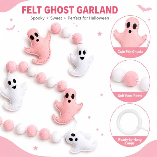 Pink Halloween Garland with Ghost and Pumpkin Decorations - 8.2 Ft Felt Mantel Decor