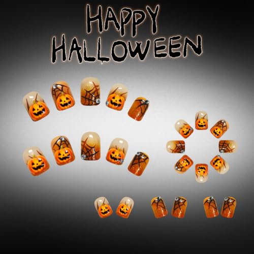 Halloween Press-On Nails Short Square with 3D Pumpkin Spider Web Glitter Rhinestone Designs, Orange & Black, 24Pcs
