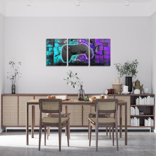Gaming Canvas Wall Art Set - 3 Pieces Teal Purple Black Geometric Gaming Room Decor