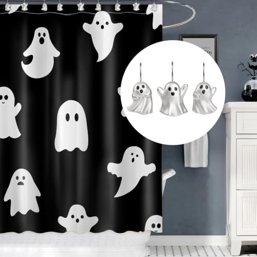 Ghost Shower Curtain Hooks Set - Silver Halloween Bathroom Decor, 12 Pieces