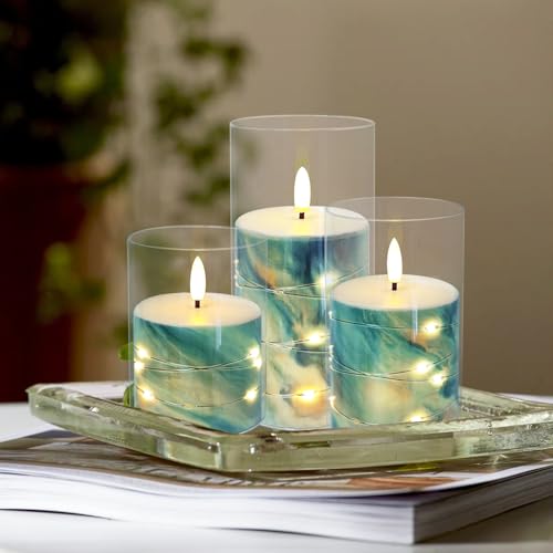 Blue Marble Flickering Flameless Candles with Star String Lights - Battery Operated, Remote Control, 3 Pack