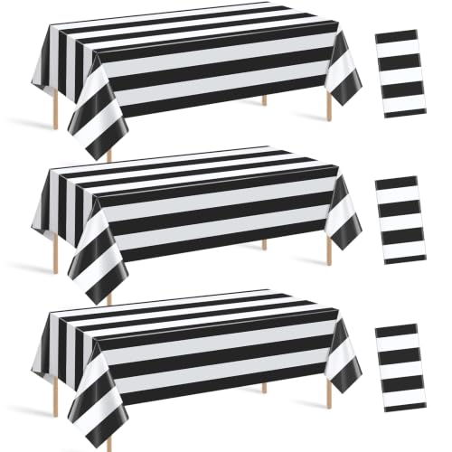White and Black Horizontal Striped Table Cloth 3pcs 54x108 Inches for Rectangular Tables - Disposable