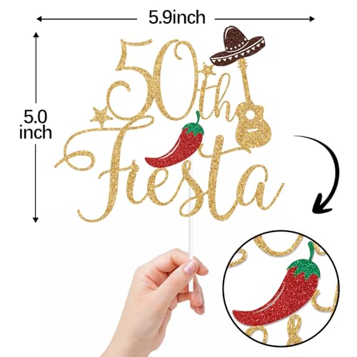 Gold Glitter 50th Fiesta Cake Topper - Mexican Theme Birthday Decor