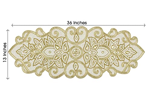 Beaded Table Runner Ivory & Gold - Handmade 13x36 Inches - Gold Variation
