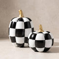 Black and White Checkered Pumpkins with Gold Stem - Resin Halloween Decor Set of 2