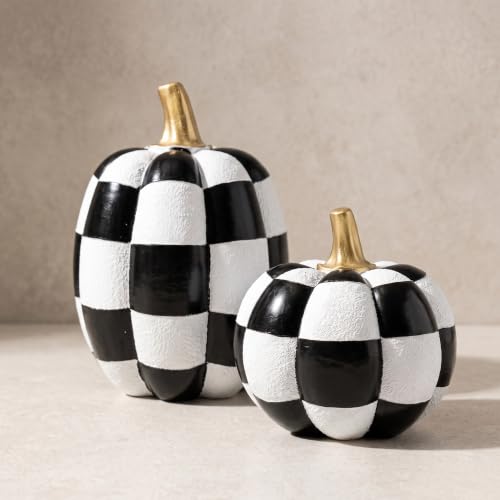 Black and White Checkered Pumpkins with Gold Stem - Resin Halloween Decor Set of 2