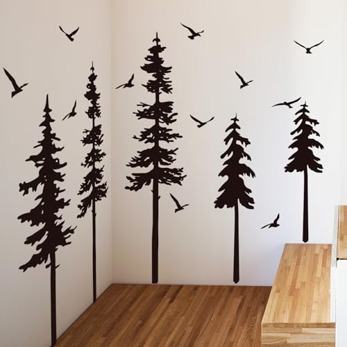 Black Forest Tree Wall Decals with Birds - Peel and Stick Woodland Mural for Bedroom