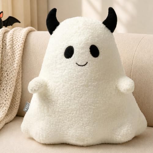 Halloween Ghost Throw Pillow with Horns - Mischievous Boy Variation, Spooky Decor