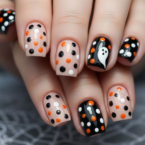 Halloween Short Square Press On Nails with Ghost Polka Dots - Style-14, 24Pcs