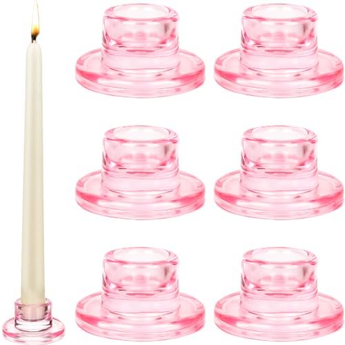 Pink Glass Taper Candle Holders Set - 6pcs Short Decorative Candle Sticks for Wedding & Home Decor