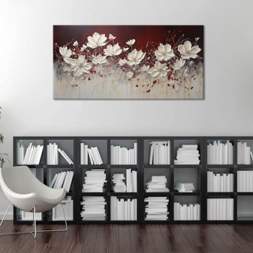 Wall Art Canvas - White Flowers on Red Background, 20x40 Inches - Frame Included (H050)