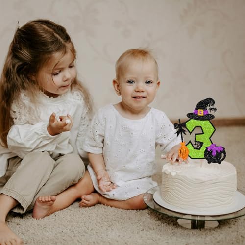 Halloween Witch Cake Topper - 3rd Birthday Glitter Decoration with Cauldron - Green, Variation 3