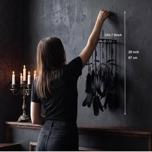 Halloween Gothic Black Dreamcatcher with Bat Ornaments - Wall Hanging for Witchy & Dark Decor - Variation Bat A