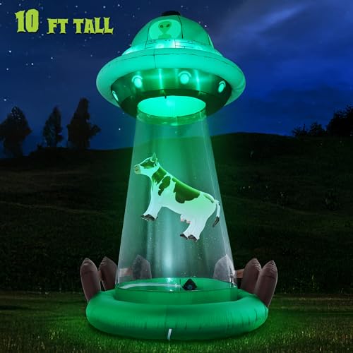 10 FT Halloween Inflatable UFO with Floating Cow - Alien Abduction Scene, Outdoor Decoration