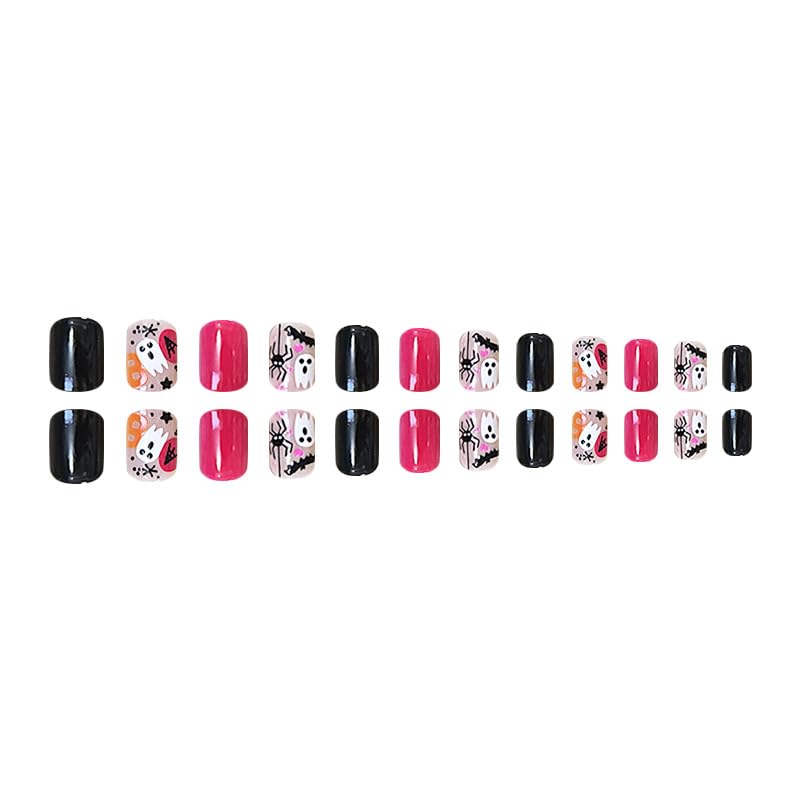 Halloween Ghost Spider Short Square Press-On Nails - Hot Pink Black, Reusable