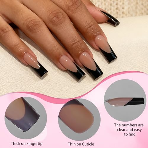 Medium Square Black French Tip Press-On Nails - 240pcs Fake Nails with Glue & Tools