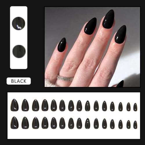 Solid Black Short Almond Press On Nails - Minimalist Reusable Fake Nails for Women