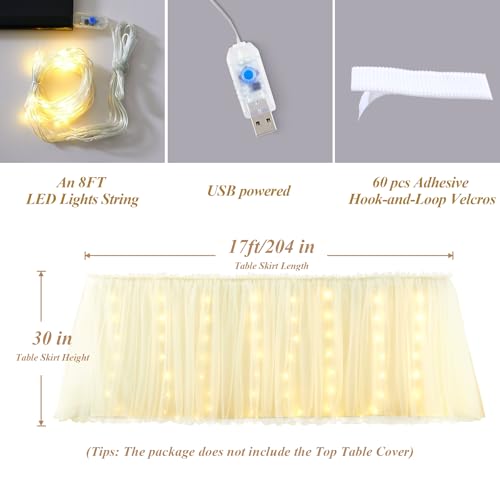 17FT Champagne Tulle Table Skirt with LED Lights - Ruffle 2-Layer for Weddings & Parties (204" x 30")