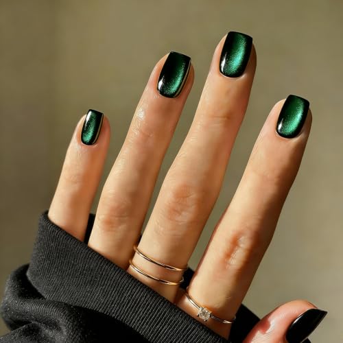 Square Black Teal Cat Eye Press-On Nails Short Glitter Chrome Finish - Reusable 30 Pcs