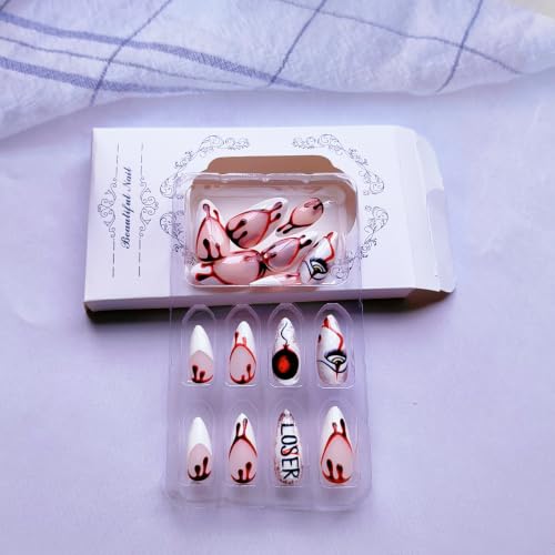 Red White French Tip Press-On Nails Halloween Fake Nails Medium Almond Reusable Set