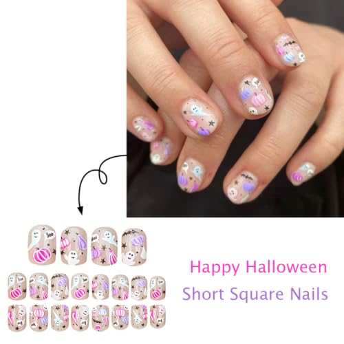 Halloween Short Square Fake Nails Kit with Pumpkin Bat & Star Designs - 24Pcs Variation HF14