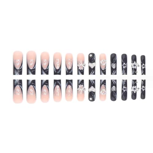 Press On Nails Long Rhinestone Fake Nails Black Square Bling 24pcs - Variation 2