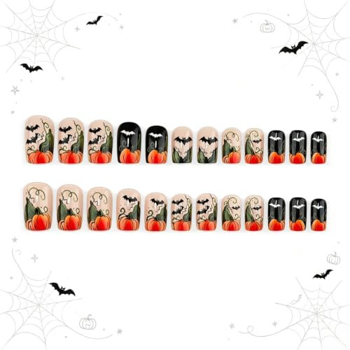 Halloween Press On Nails Short Square Pumpkin Fake Nails - Variation 014